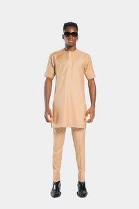 Standard Length Short Sleeve Wool Matching Set in Beige