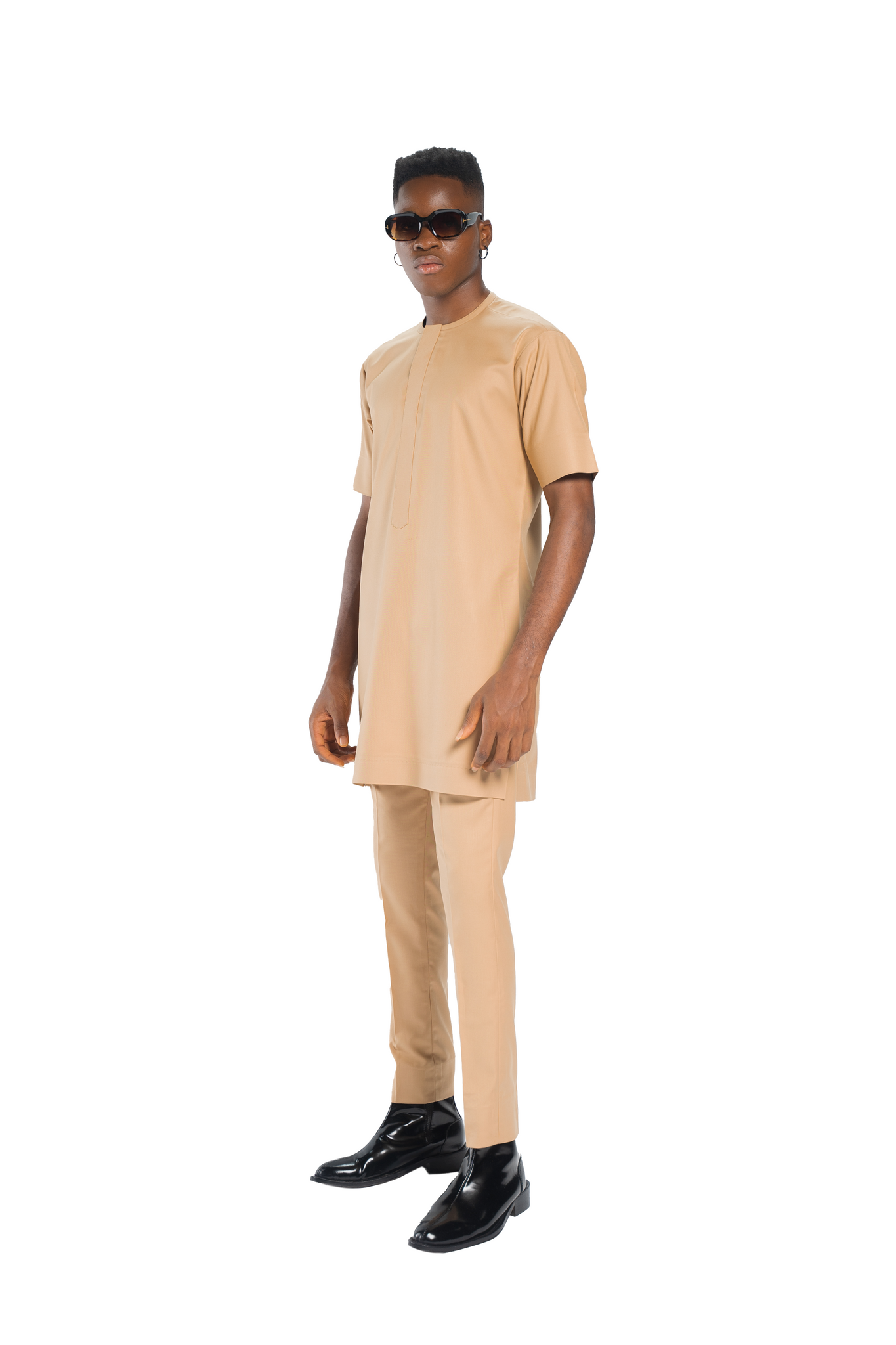 Standard Length Short Sleeve Wool Matching Set in Beige