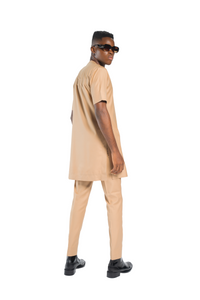 Standard Length Short Sleeve Wool Matching Set in Beige