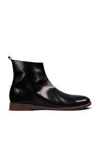 Ajadi Boots in Black Leather with Side Zipper and Brown Leather Soles