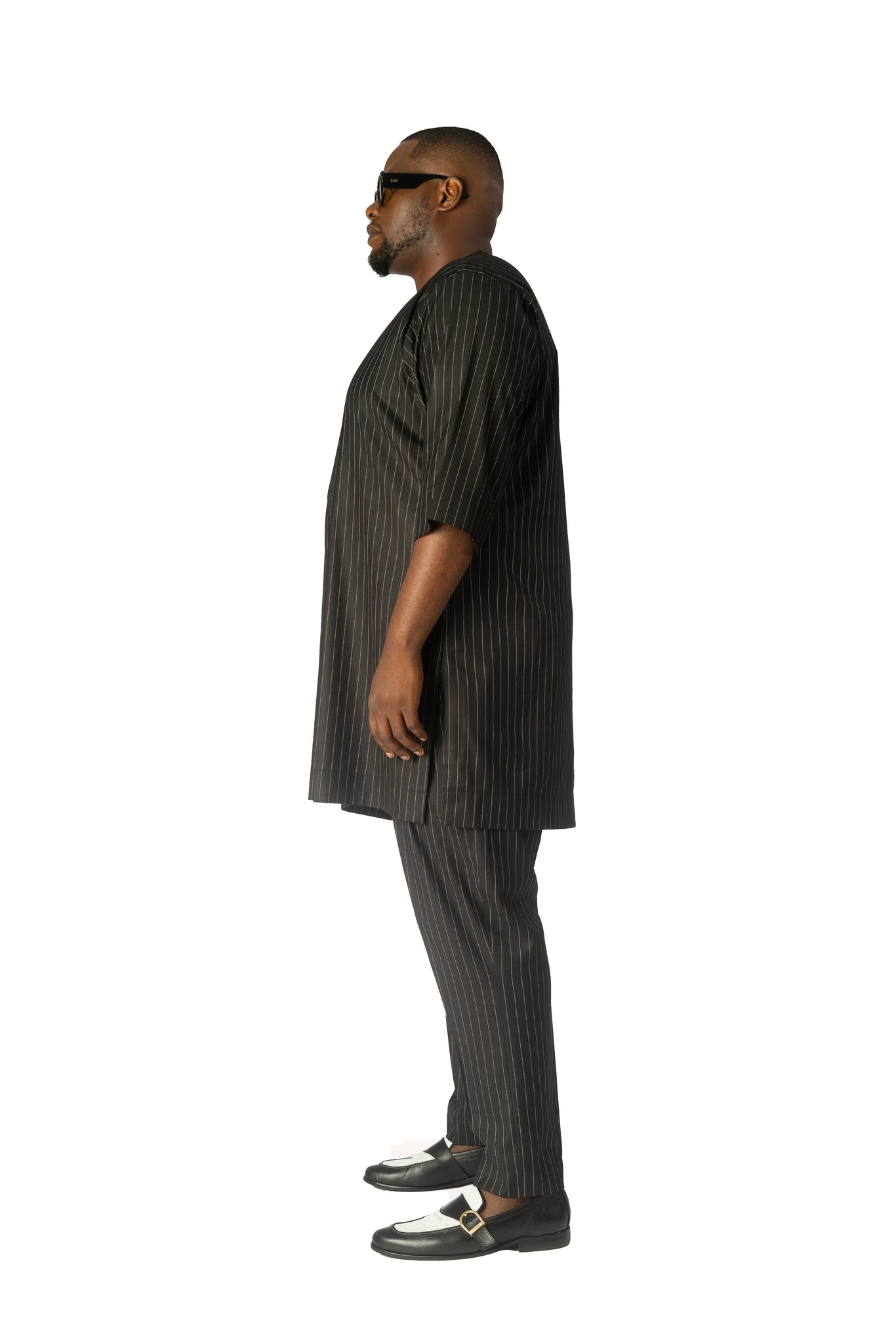 Standard Length Three Quarter Sleeve Wool Matching Set in Black Pinstripe