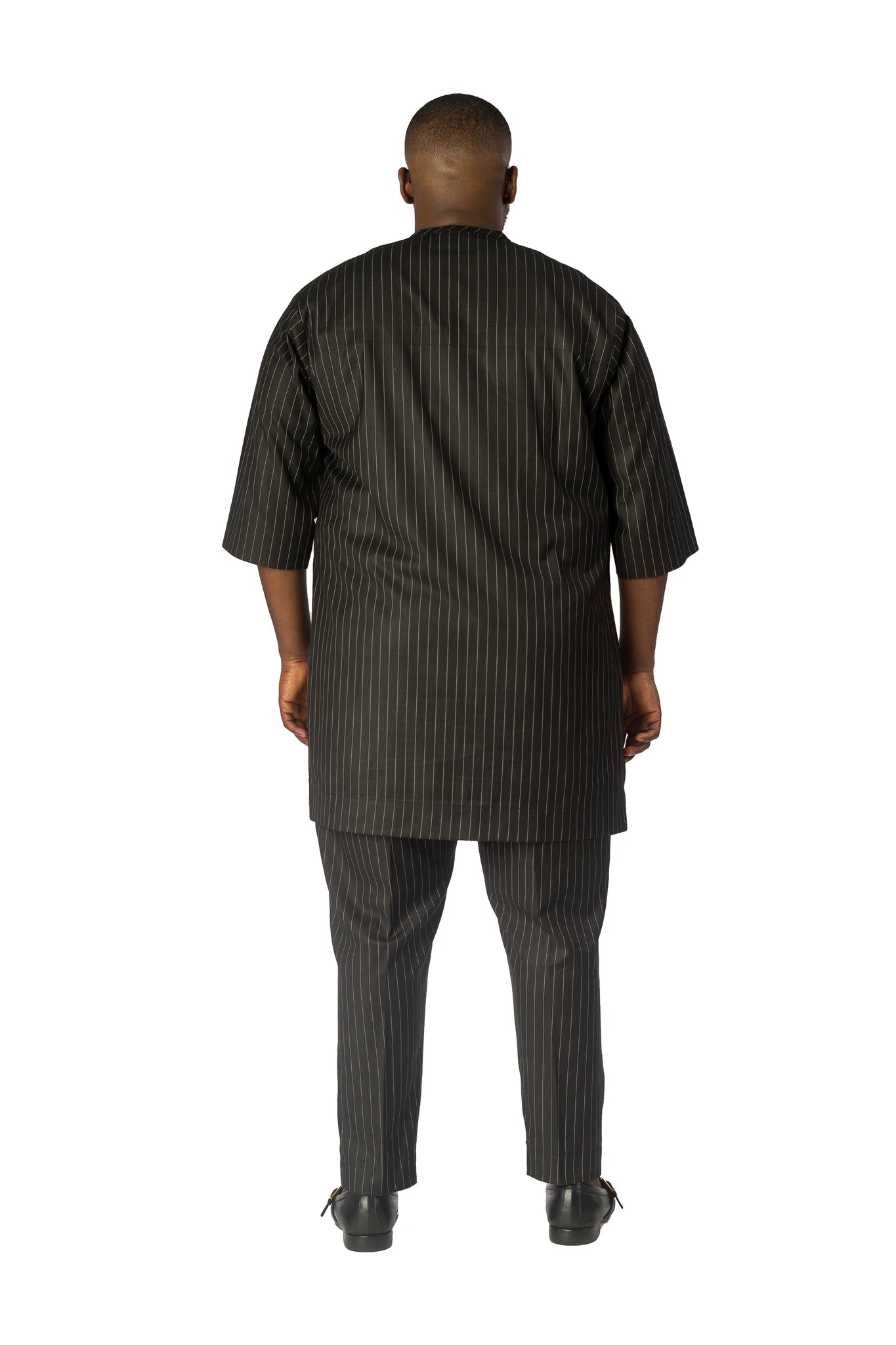 Standard Length Three Quarter Sleeve Wool Matching Set in Black Pinstripe