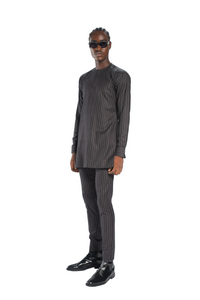 Standard Length Long Sleeve Wool Matching Set in Black Pinstripe