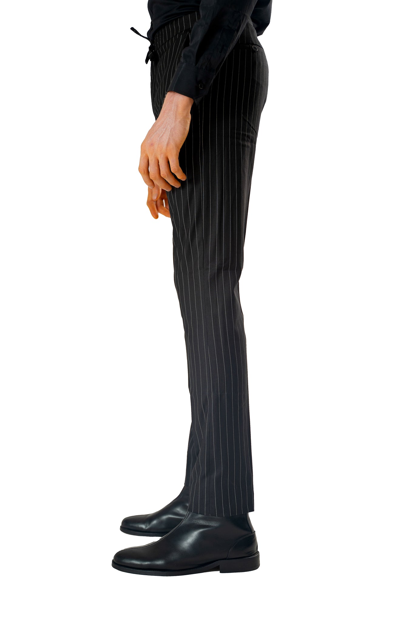 Wool Drawstring Pants in Black Pinstripe