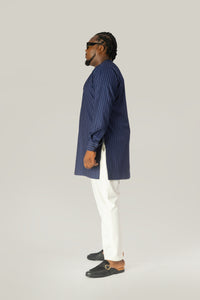 Standard Length Long Sleeve Wool Set in Blue Pinstripe Top and White Pants