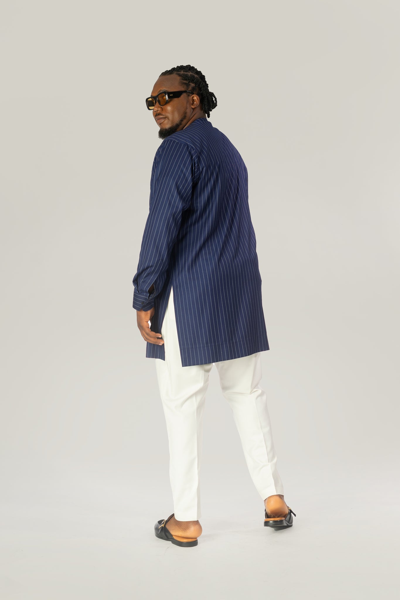 Standard Length Long Sleeve Wool Set in Blue Pinstripe Top and White Pants