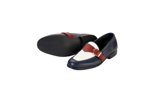 Ajadi Loafers in Navy Blue and White Leather with Red Strap Buckle