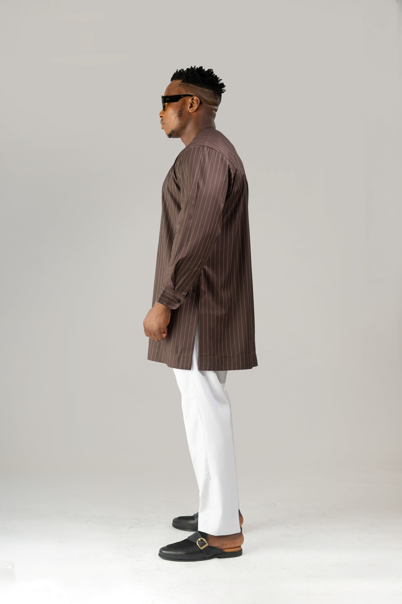 Standard Length Long Sleeve Wool Set in Coffee Brown Pinstripe Top and White Pants
