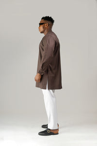 Standard Length Long Sleeve Wool Set in Coffee Brown Pinstripe Top and White Pants