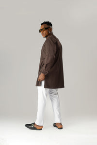 Standard Length Long Sleeve Wool Set in Coffee Brown Pinstripe Top and White Pants