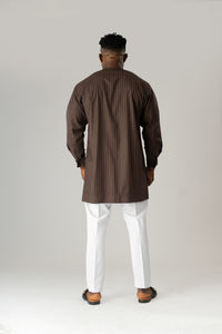 Standard Length Long Sleeve Wool Set in Coffee Brown Pinstripe Top and White Pants