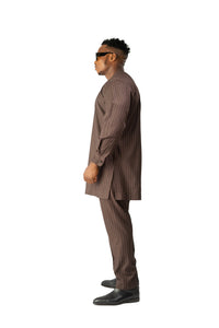 Standard Length Long Sleeve Wool Matching Set in Coffee Brown Pinstripe