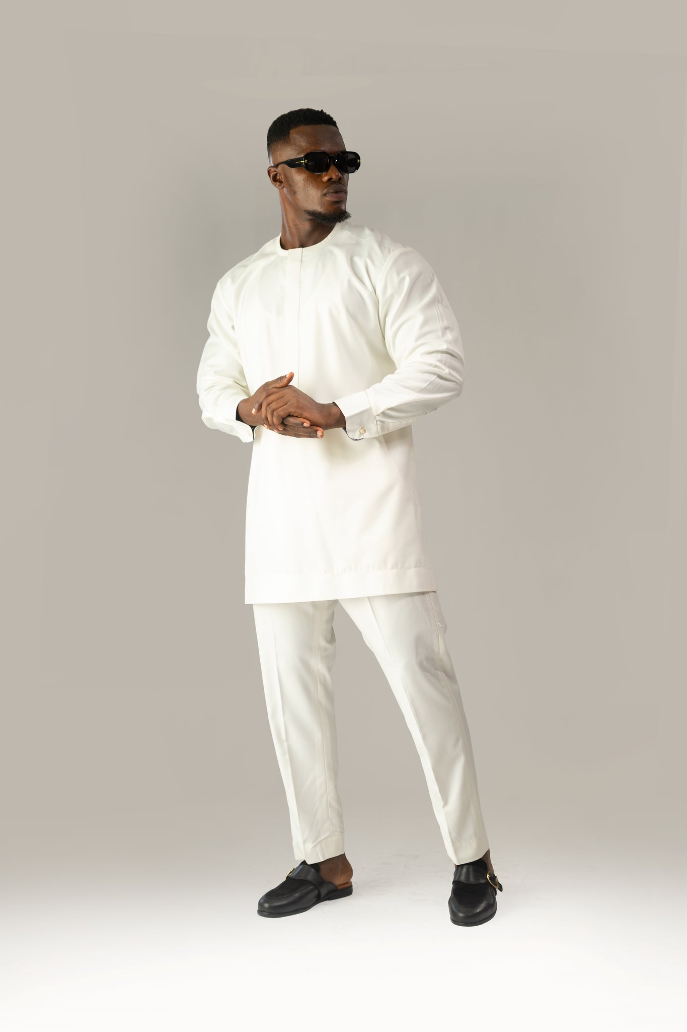 Standard Length Long Sleeve Wool Matching Set in Cream