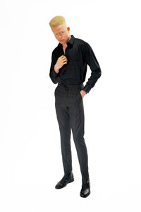 Wool Drawstring Pants in Black Pinstripe