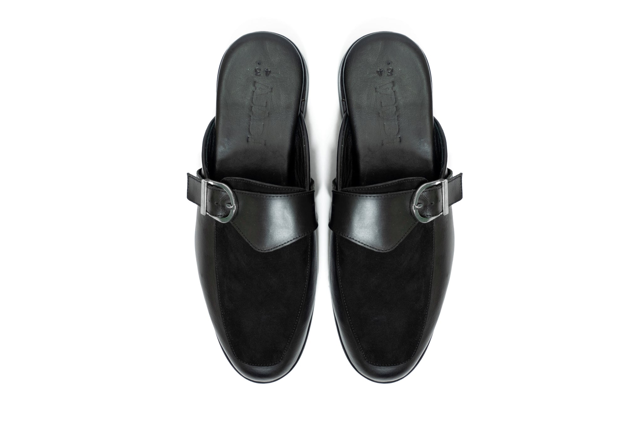 Ajadi Half Shoes in Black Leather with Black Suede and Strap Buckle