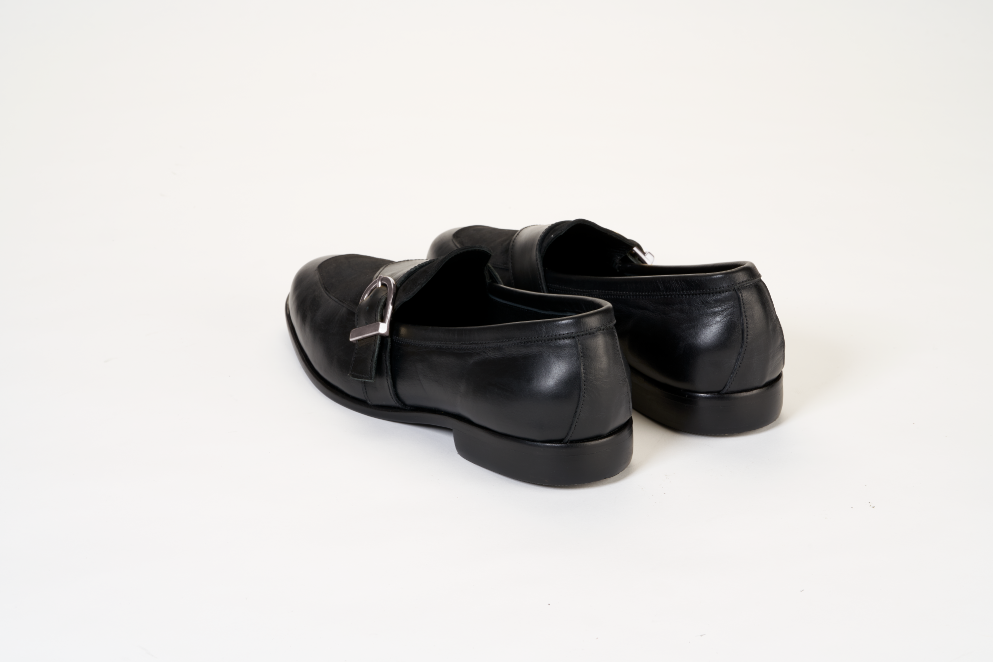 Ajadi Loafers in Black Leather with Black Suede and Strap Buckle