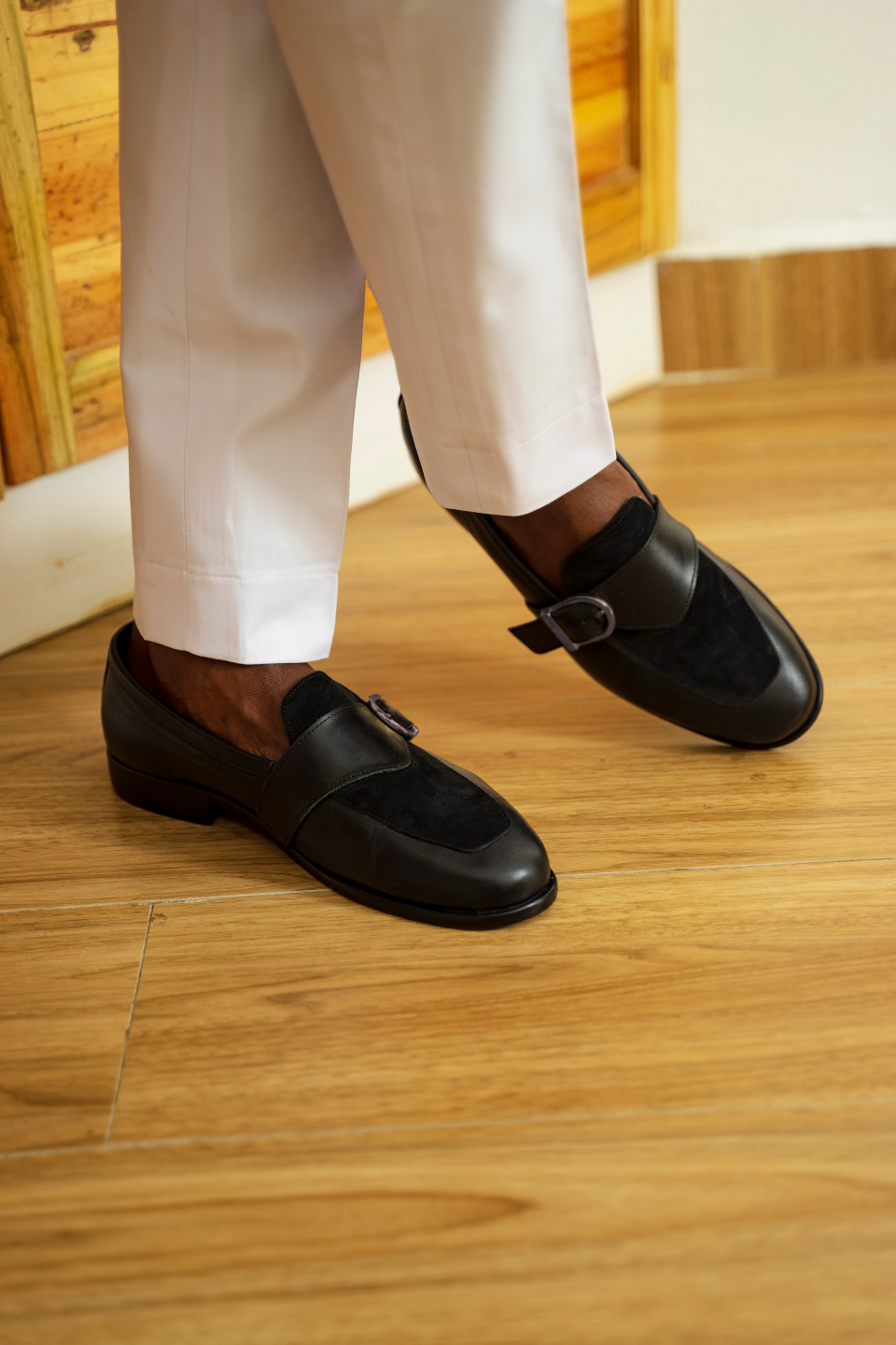 Ajadi Loafers in Black Leather with Black Suede and Strap Buckle