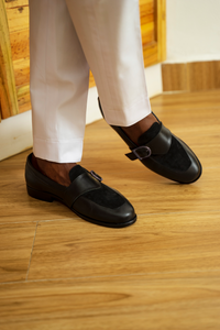 Ajadi Loafers in Black Leather with Black Suede and Strap Buckle