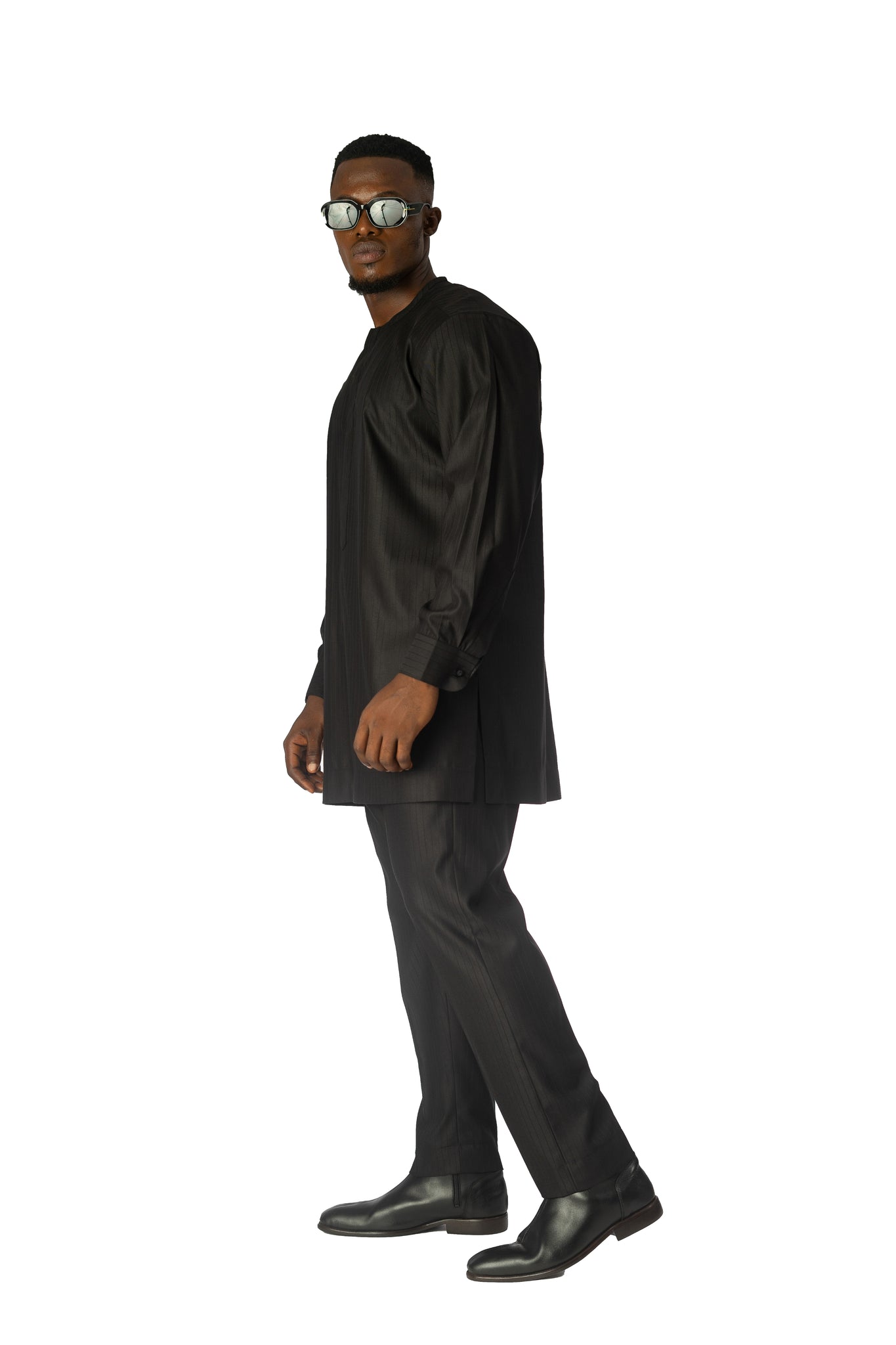 Standard Length Long Sleeve Wool Matching Set in Double Black Pinstripe