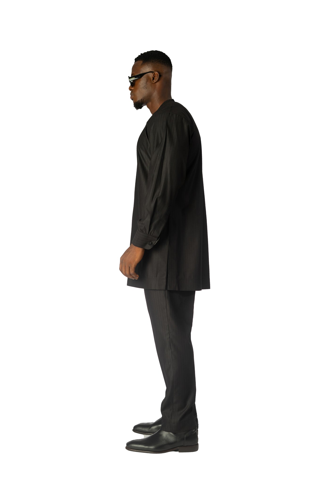 Standard Length Long Sleeve Wool Matching Set in Double Black Pinstripe