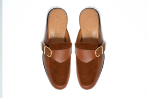 Ajadi Half Shoes in Brown Leather with Brown Suede and Strap Buckle