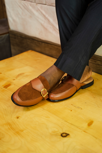 Ajadi Half Shoes in Brown Leather with Brown Suede and Strap Buckle