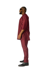 Standard Length Three Quarter Sleeve Wool Matching Set in Double Burgundy Pinstripe