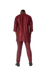 Standard Length Three Quarter Sleeve Wool Matching Set in Double Burgundy Pinstripe