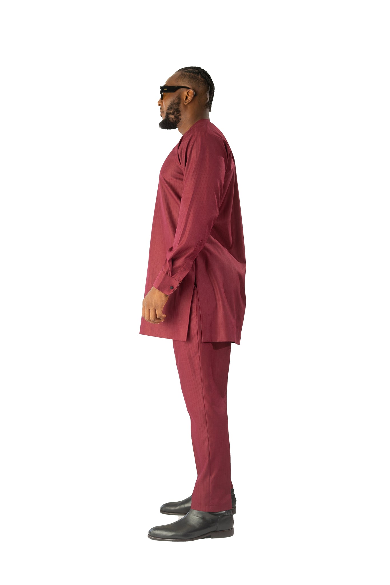 Standard Length Long Sleeve Wool Matching Set in Double Burgundy Pinstripe