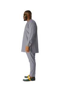 Standard Length Long Sleeve Wool Matching Set in Double Grey Pinstripe