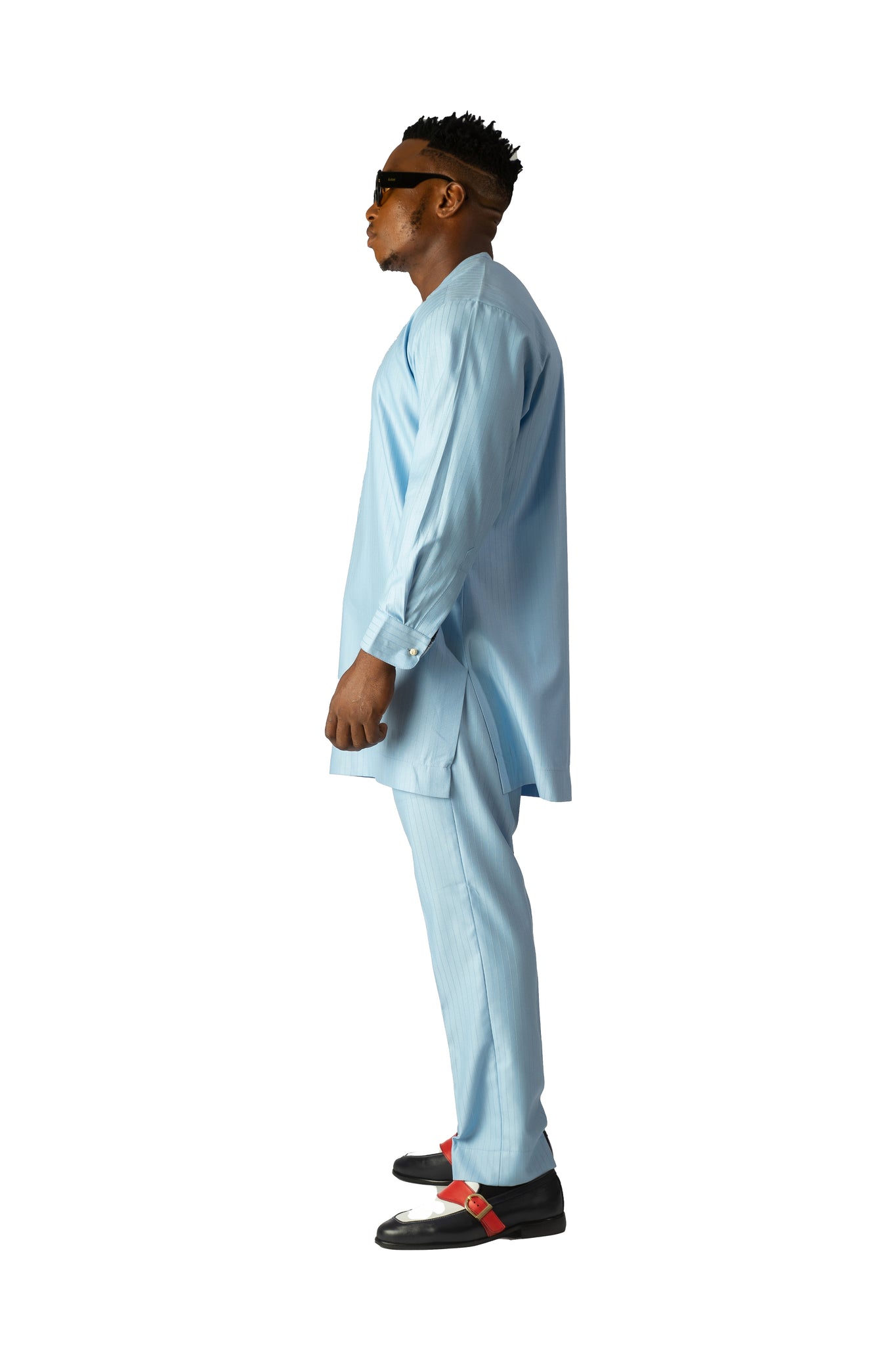 Standard Length Long Sleeve Wool Matching Set in Double Blue Pinstripe