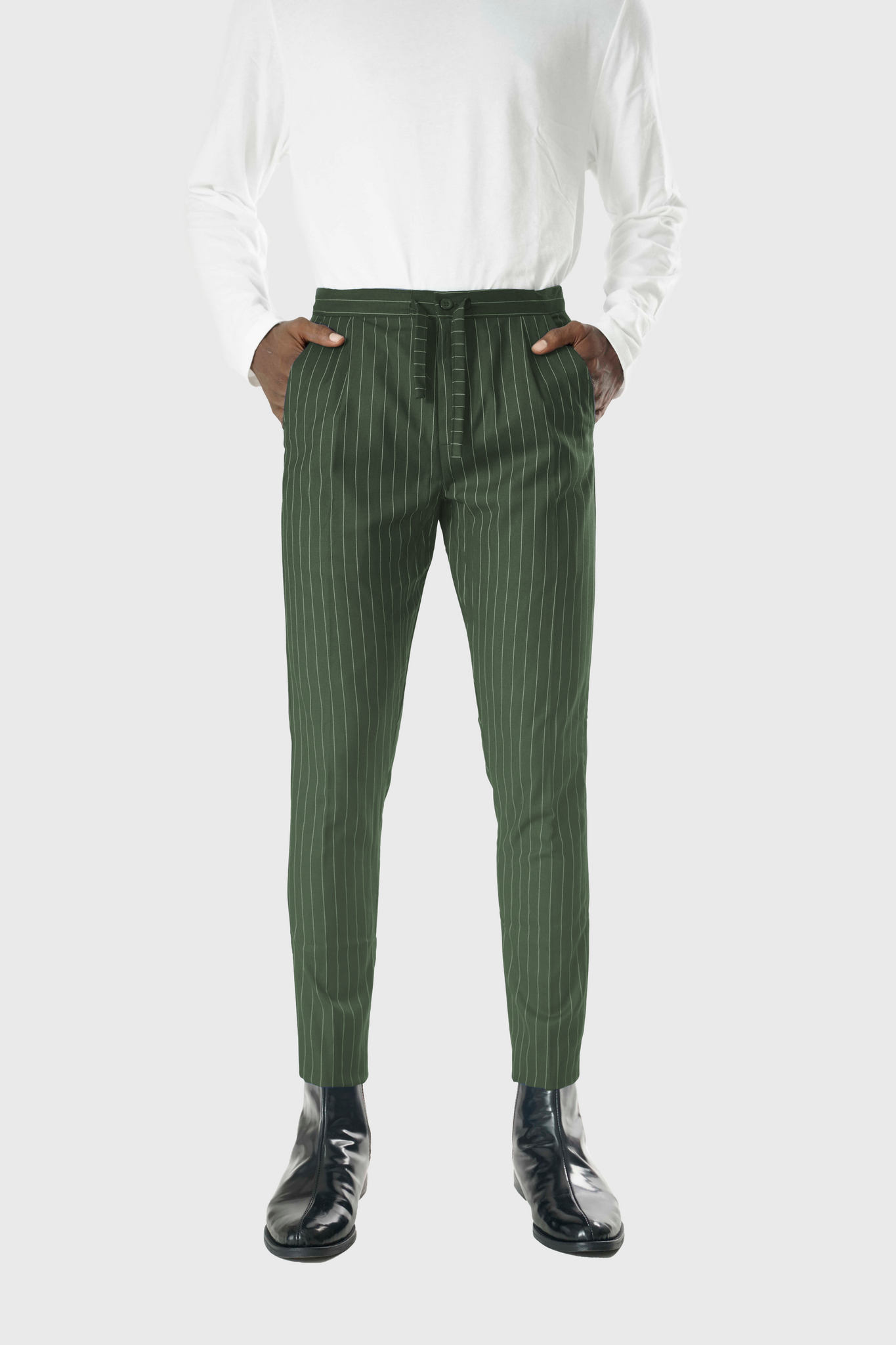 Wool Drawstring Pants in Green Pinstripe AJADI