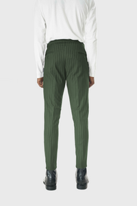 Wool Drawstring Pants in Green Pinstripe