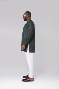 Standard Length Long Sleeve Wool Set in Green Pinstripe Top and White Pants
