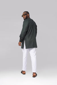 Standard Length Long Sleeve Wool Set in Green Pinstripe Top and White Pants