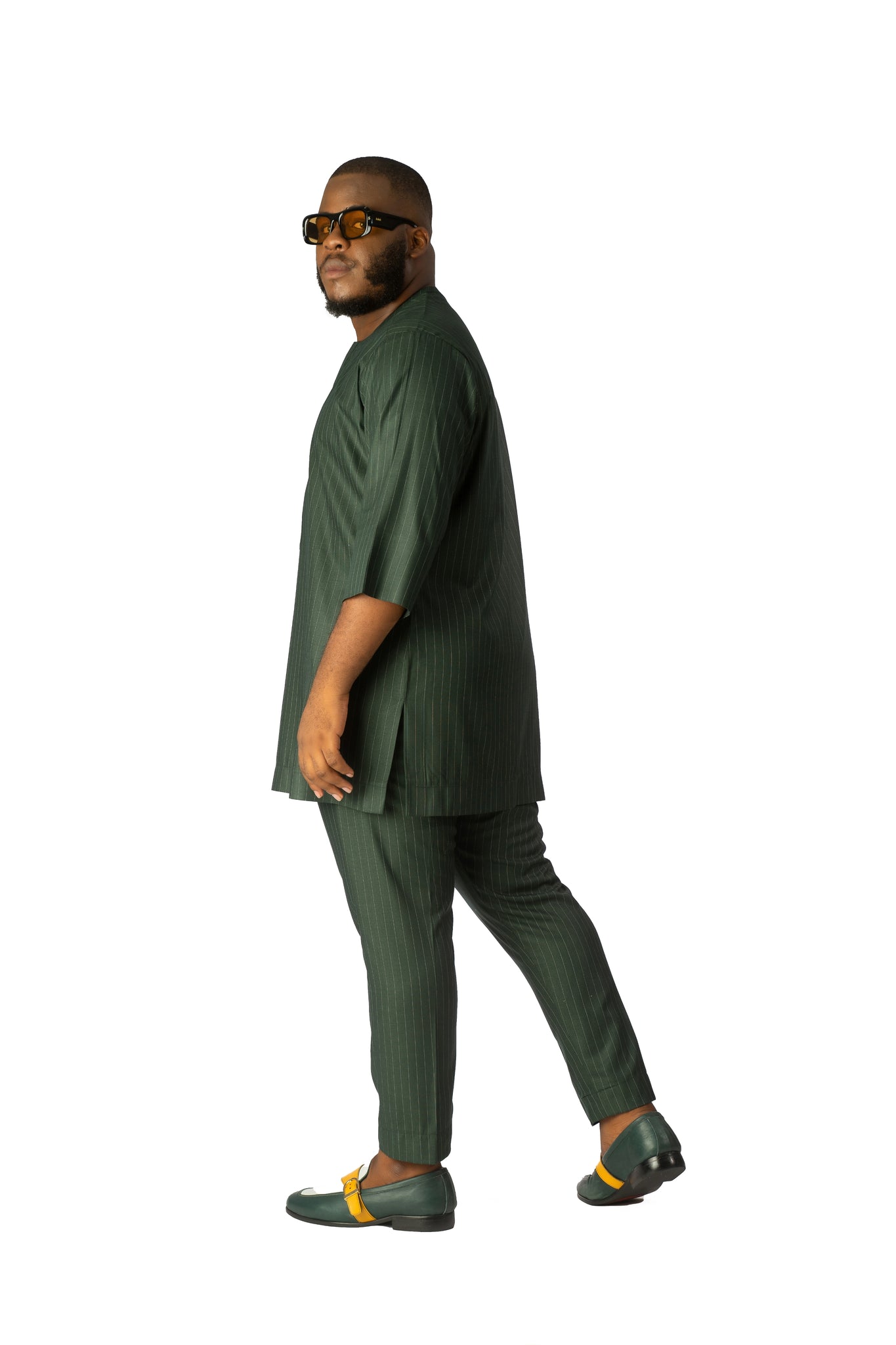 Standard Length Three Quarter Sleeve Wool Matching Set in Green Pinstripe