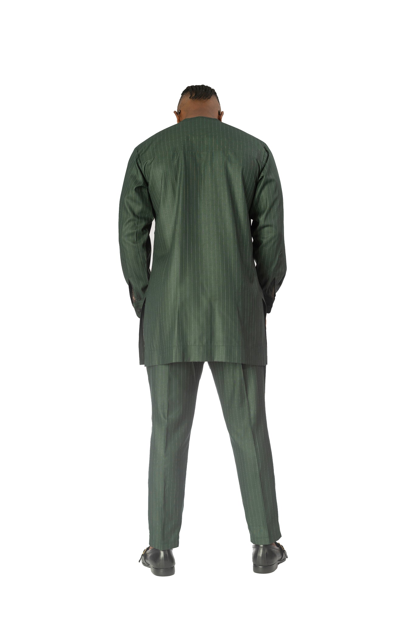 Standard Length Long Sleeve Wool Matching Set in Green Pinstripe