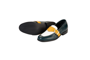 Ajadi Loafers in Olive Green and White Leather with Gold Strap Buckle