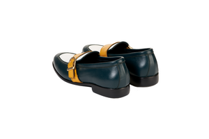 Ajadi Loafers in Olive Green and White Leather with Gold Strap Buckle