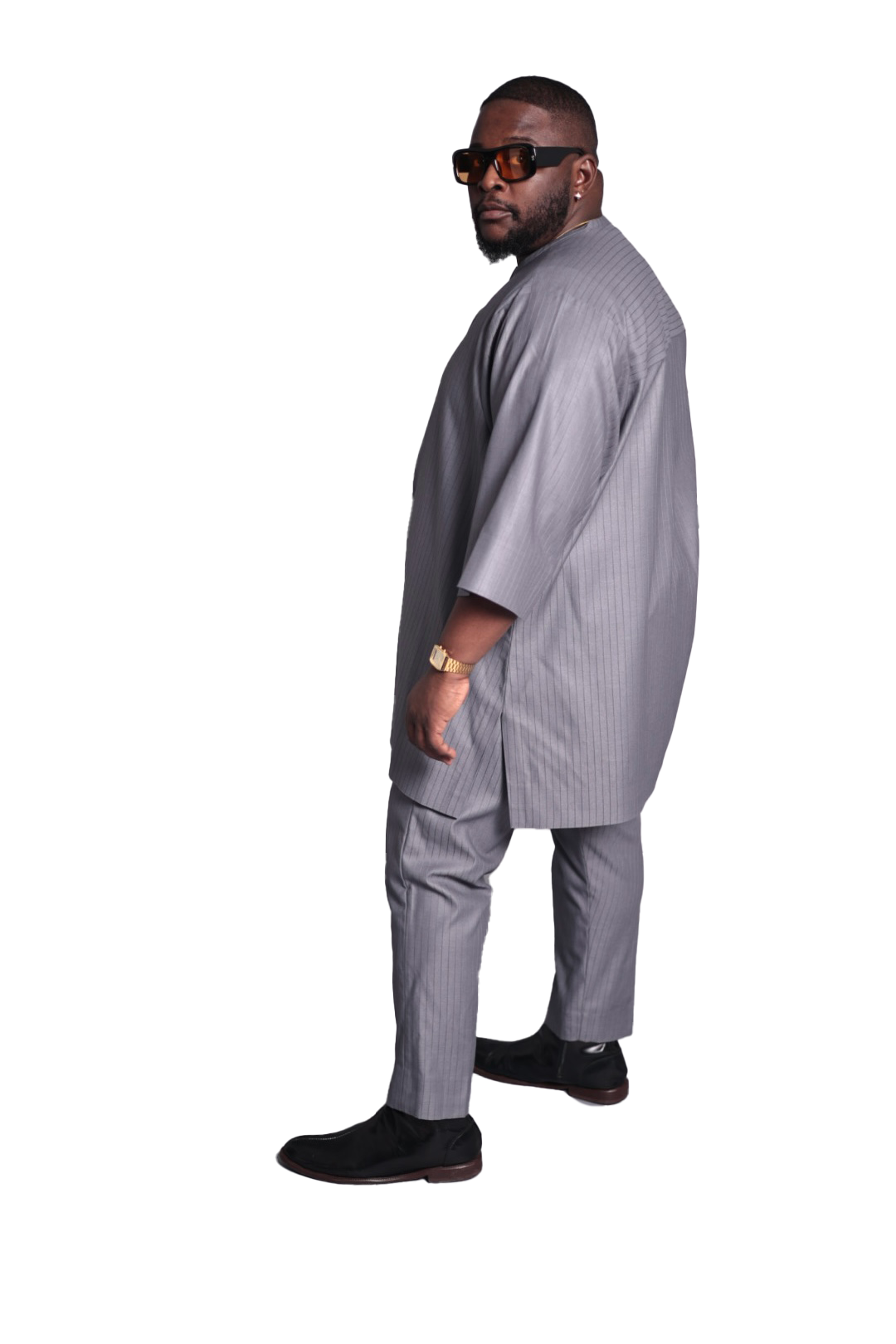 Standard Length Three Quarter Sleeve Wool Matching Set in Double Grey Pinstripe