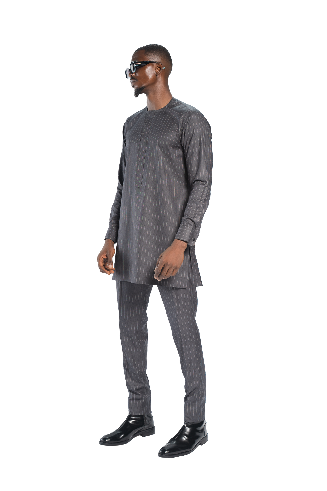 Standard Length Long Sleeve Wool Matching Set in Grey Pinstripe