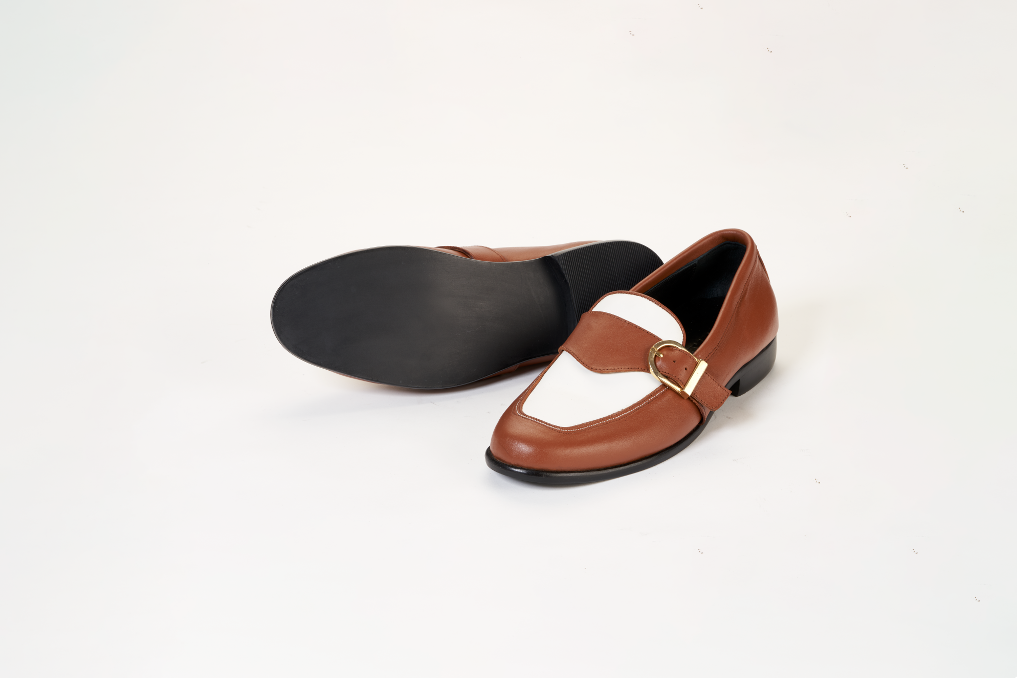 Ajadi Loafers in Brown and White Leather with Brown Strap Buckle