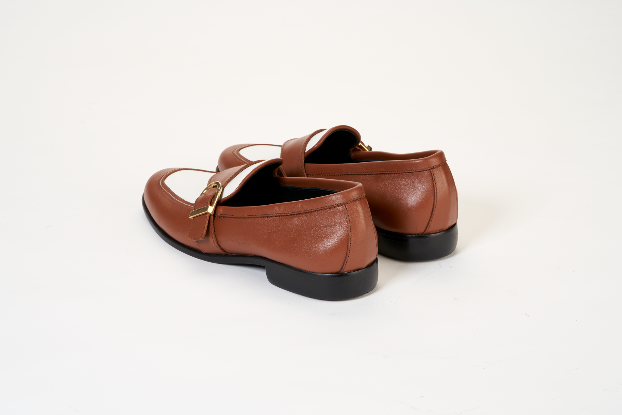 Ajadi Loafers in Brown and White Leather with Brown Strap Buckle