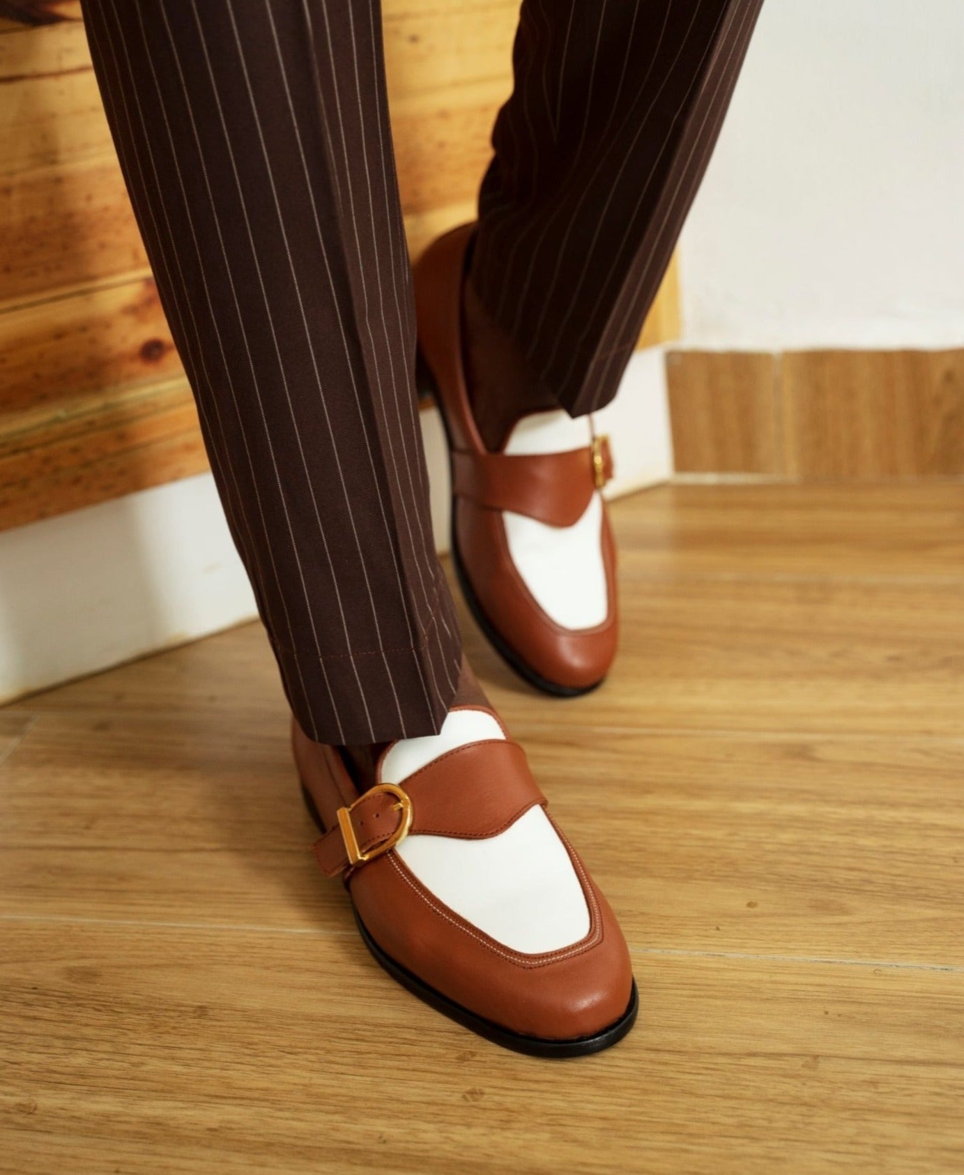 Ajadi Loafers in Brown and White Leather with Brown Strap Buckle