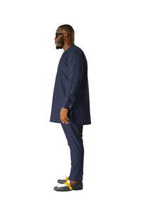 Standard Length Long Sleeve Wool Matching Set in Double Navy Pinstripe