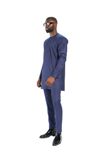 Standard Length Long Sleeve Wool Matching Set in Blue Pinstripe