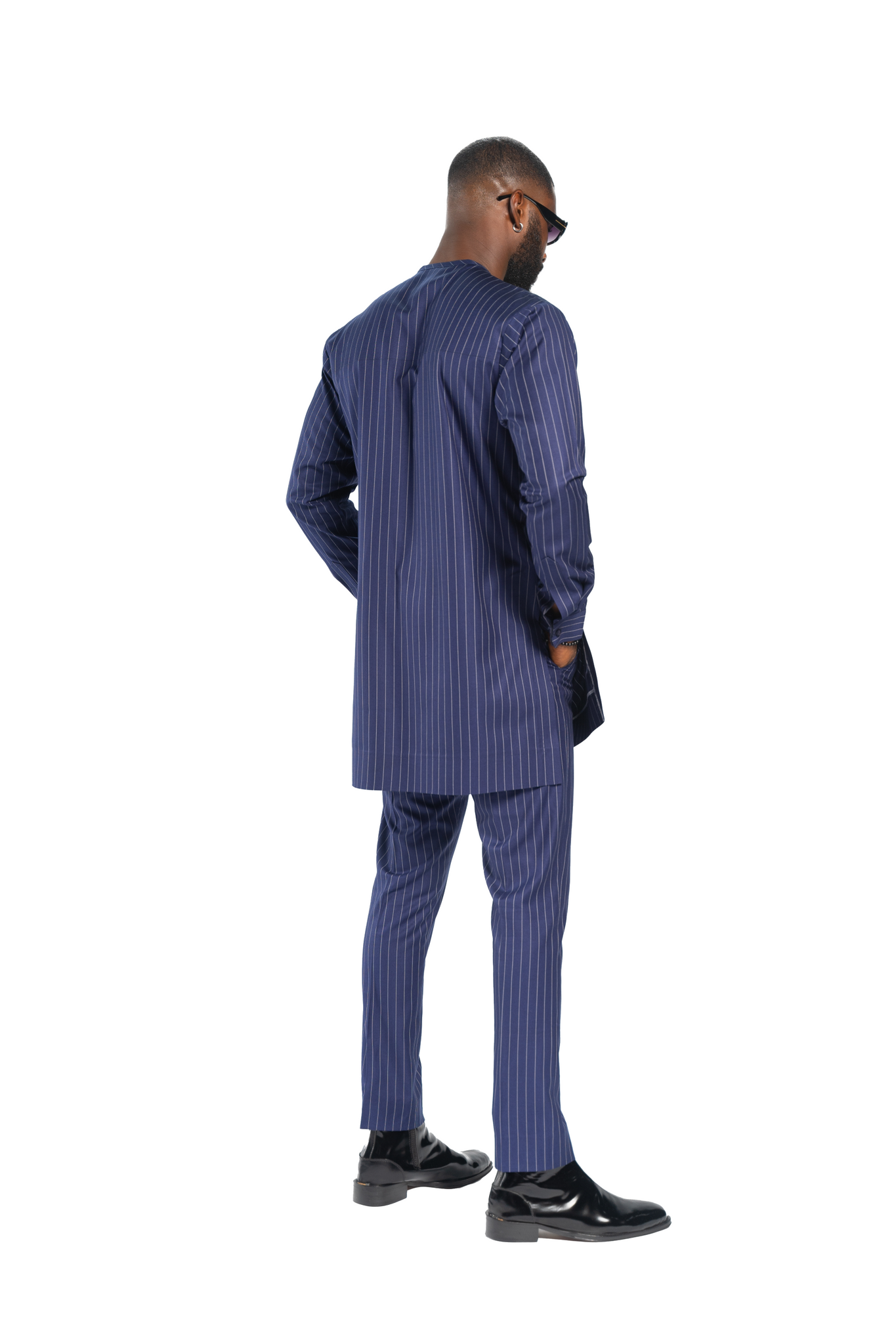 Standard Length Long Sleeve Wool Matching Set in Blue Pinstripe