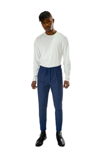 Wool Drawstring Pants in Blue Pinstripe