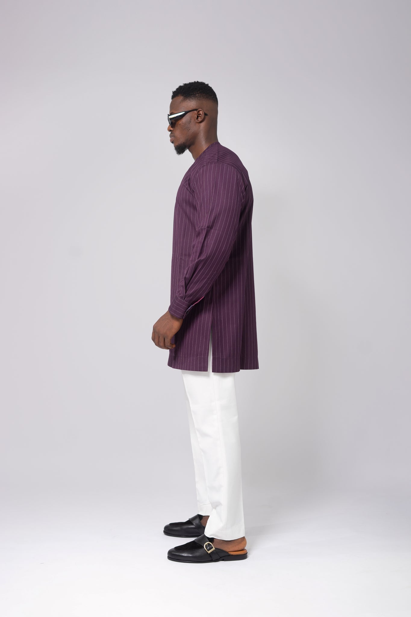 Standard Length Long Sleeve Wool Set in Purple Pinstripe Top and White Pants