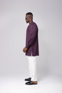 Standard Length Long Sleeve Wool Set in Purple Pinstripe Top and White Pants